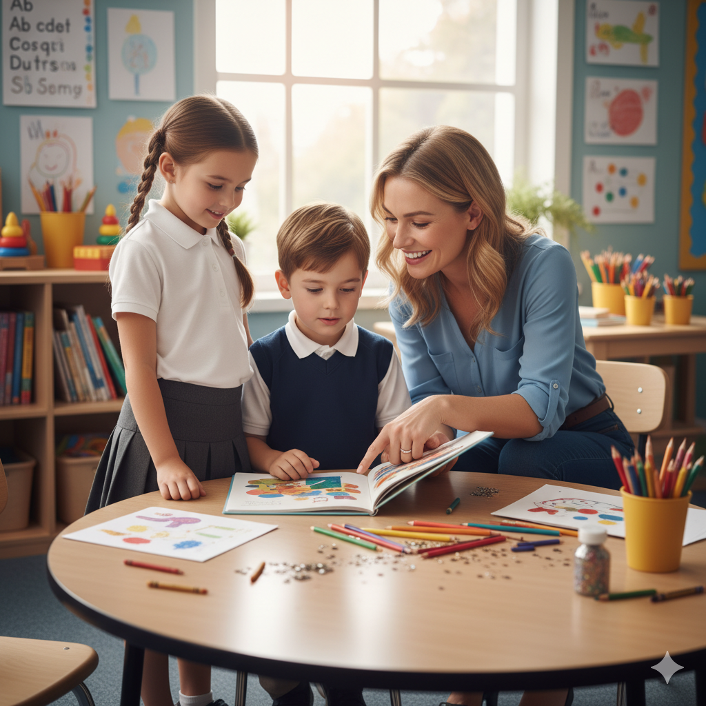Teacher guiding student